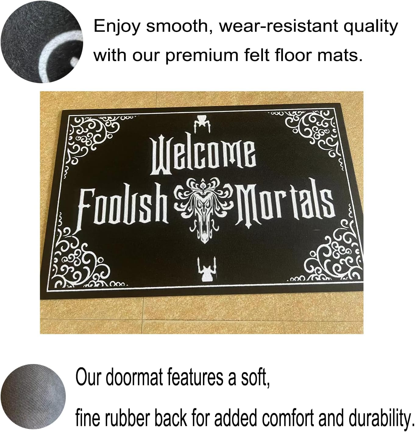 Funny Front Door Mat Welcome Foolish Mortals Mat Rubber Non Slip Backing Funny Doormat for Outdoor/Indoor Uses, Low-Profile Rug Mats for Entry 23.6"(W) X 15.7"(L)