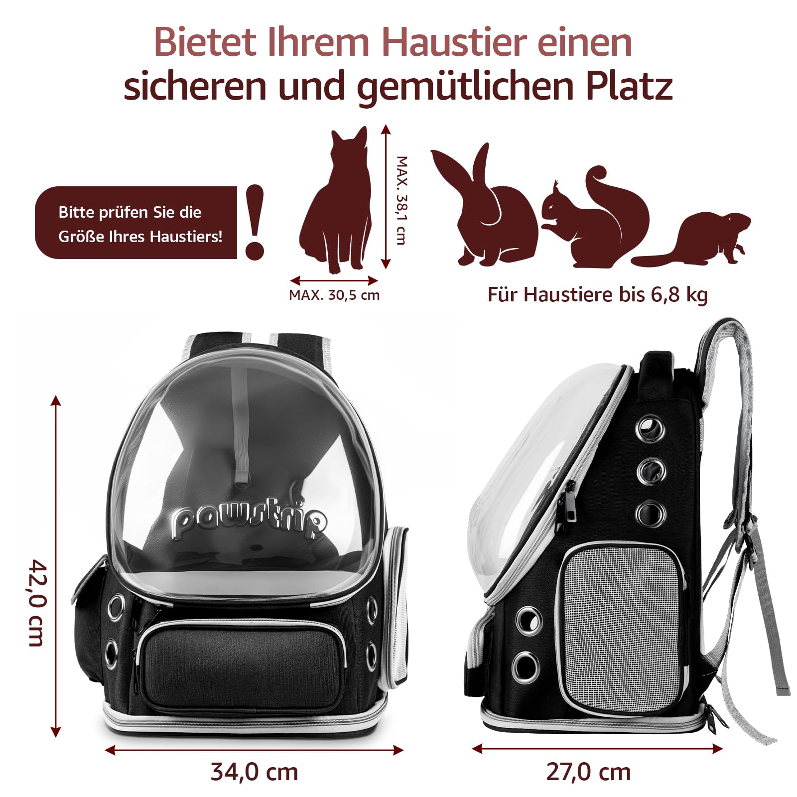 Katzenrucksack mit großem Raumkapsel-Fenster, flugzugelassene atmungsaktive Haustiertasche für kleine Hunde & Katzen bis 6,8kg (15lbs), faltbar für Reisen Wandern & Outdoor(Schwarz)