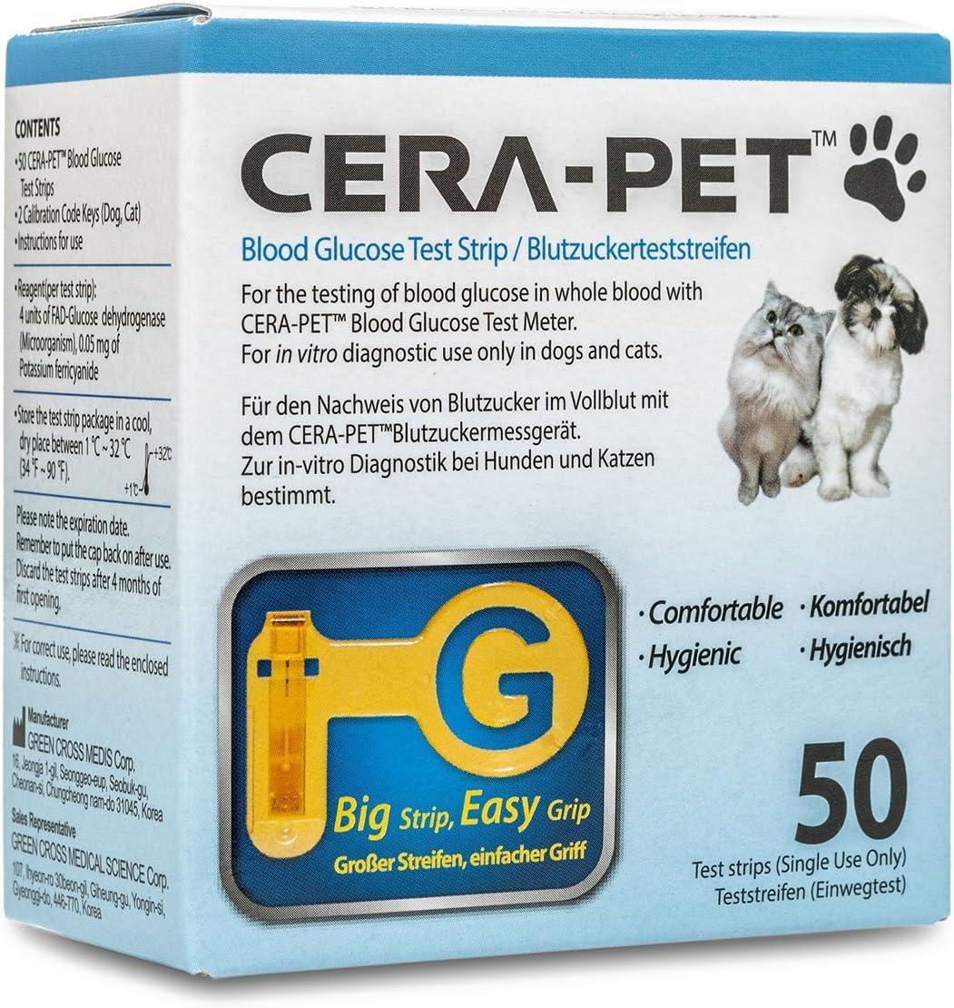Cera-Pet Tiras Reactivas (50) de Prueba para el Medidor de Glucosa en Sangre Veterinario, especialmente calibrado para su uso en perros y gatos