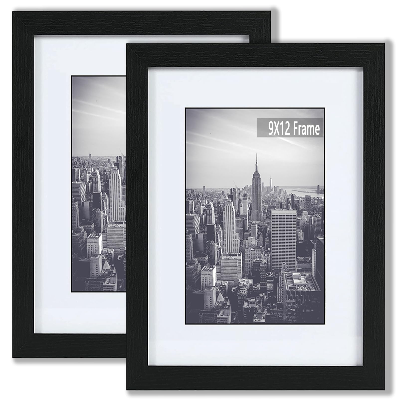RUN HELIX 9x12 Picture Frame Set of 2 - Use as 6x8 Picture Frame with Mat or 9x12 Frame Without Mat - Includes Hanging Hardware for Horizontal or Vertical Display Table Top and Wall Mounting Black