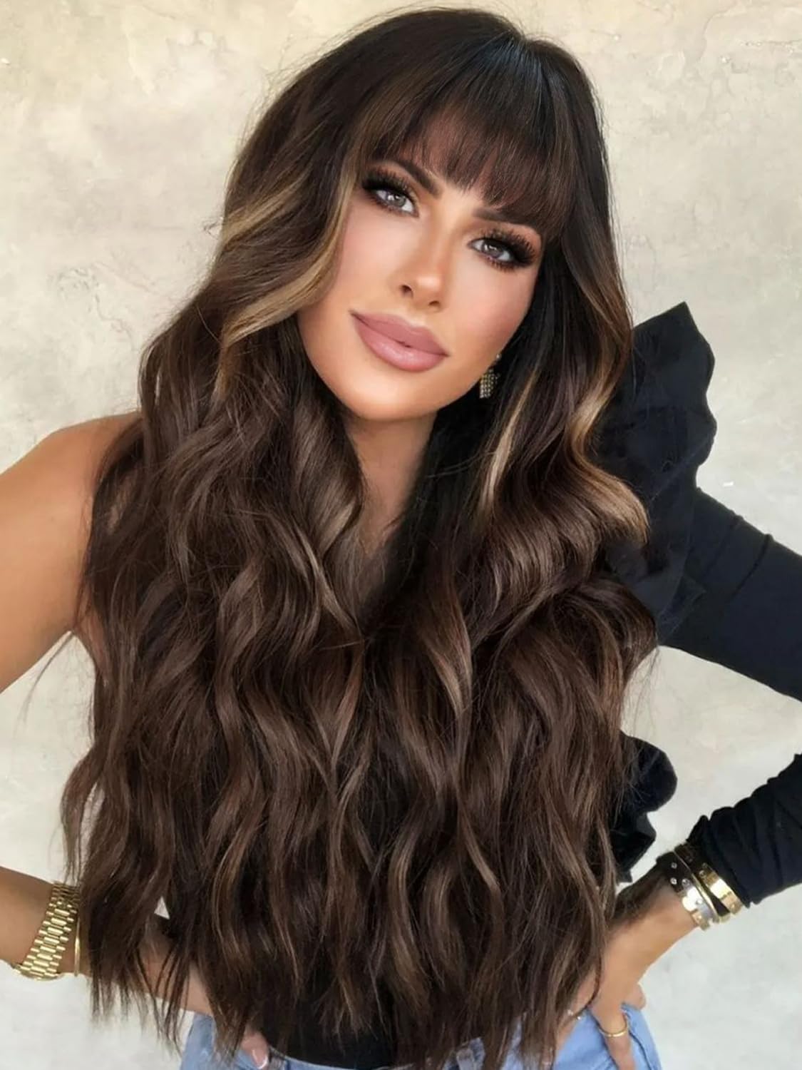 AISI QUEENS Brown Wig with Bangs for Women Long Wavy Hair Wig Brown Highlight Wig Curly Wavy Synthetic Wigs for Girls Daily Party Use AISI QUEENS Brown Wig with Bangs for Women Long Wavy Hair Wig Brown Highlight Wig Curly Wavy Synthetic Wigs for Girls Daily Party Use