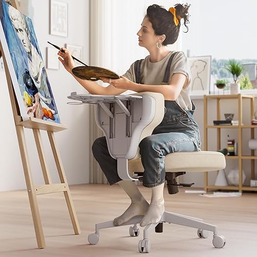 Miniatura 3 de Newtral Silla de oficina con patas cruzadas con bandeja oculta, asiento de escritorio cómodo sin brazos extra ancho, silla reclinable multiposición