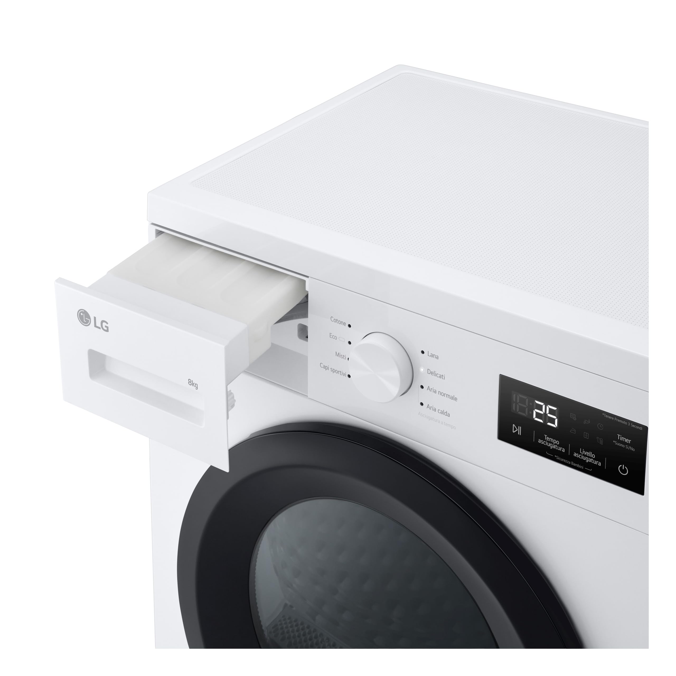 LG RNA1008NWK Asciugatrice Pompa di Calore 8 kg, Classe D, Asciugatura Delicata a Bassa Temperatura con Sensore, Serie A1, 8 Programmi, Cestello in Acciaio Galvanizzato, Bianco