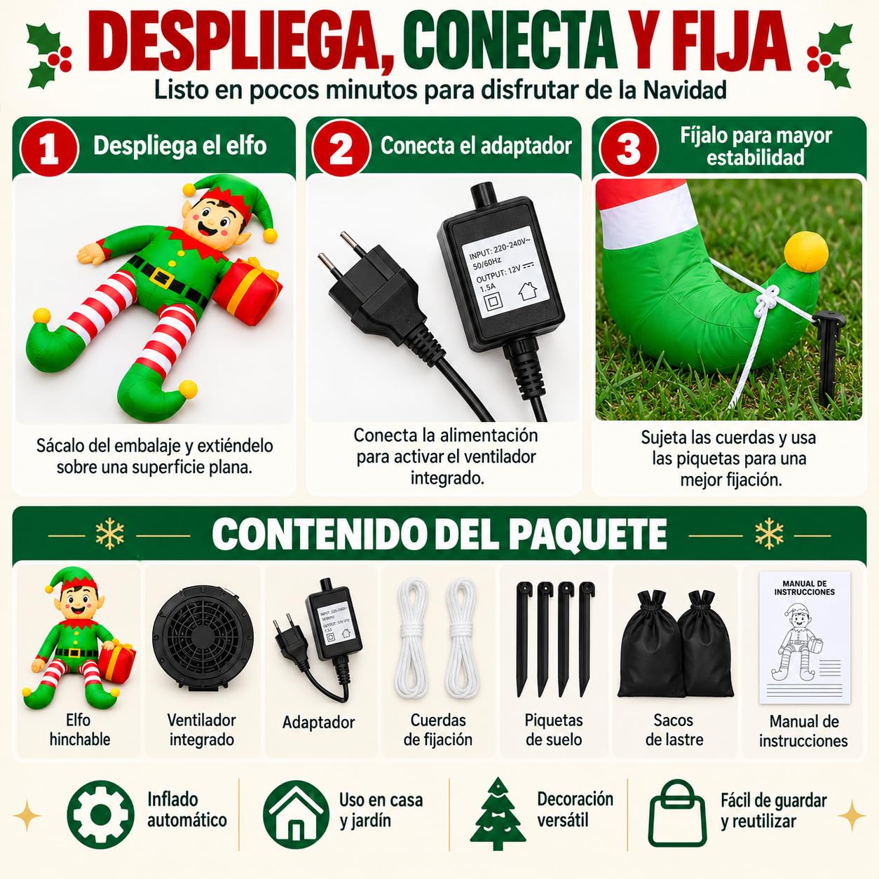 Elfo Gonfiabile Natale 245 cm con LED, Decorazione Esterno e Interno