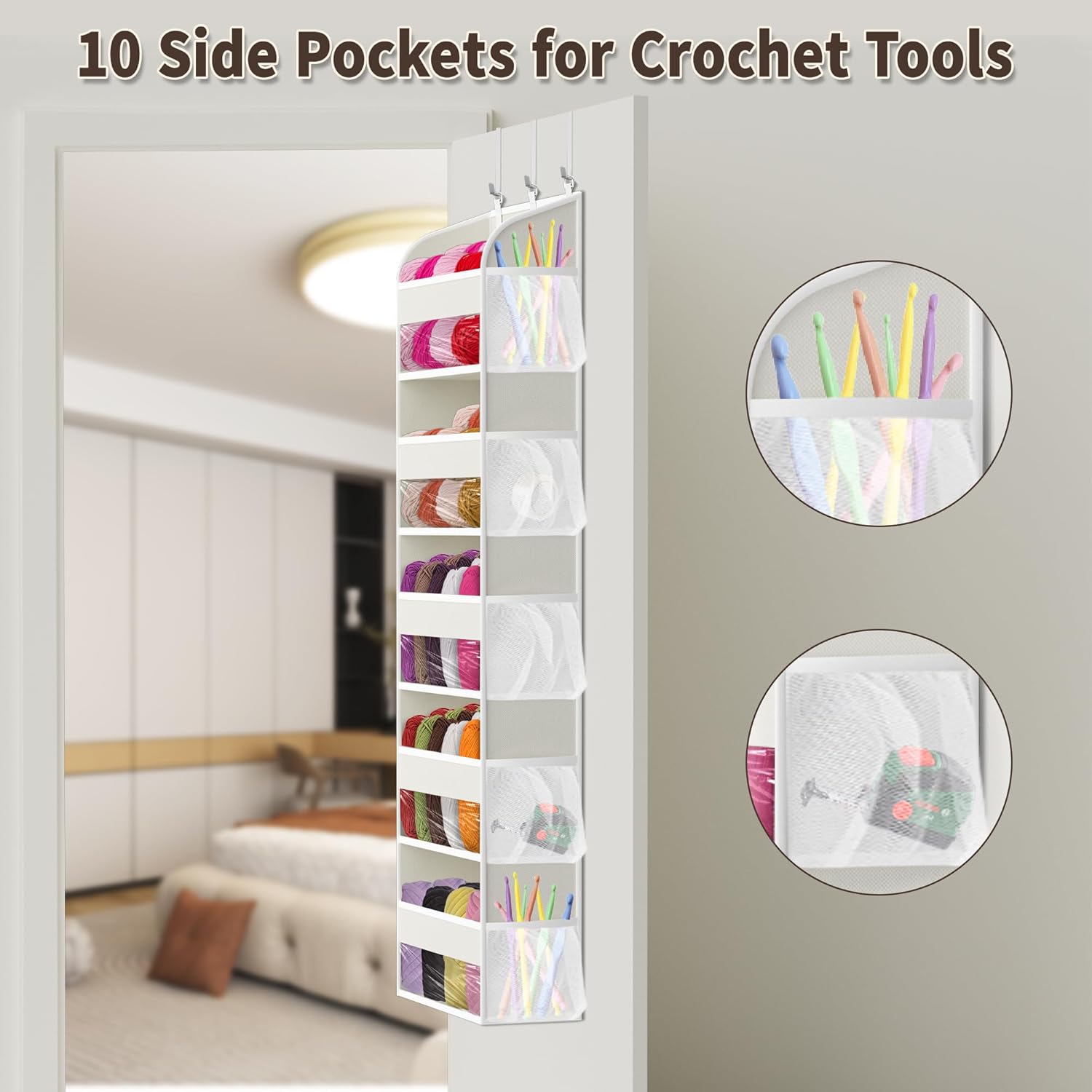 KYEVIS Hanging Yarn Storage Organizer, Large Yarn Storage with 5 Clear Pockets Organizer and 10 Mesh Side Pockets, Available to Knitting Accessories & Crochet Yarn Storage (Beige)