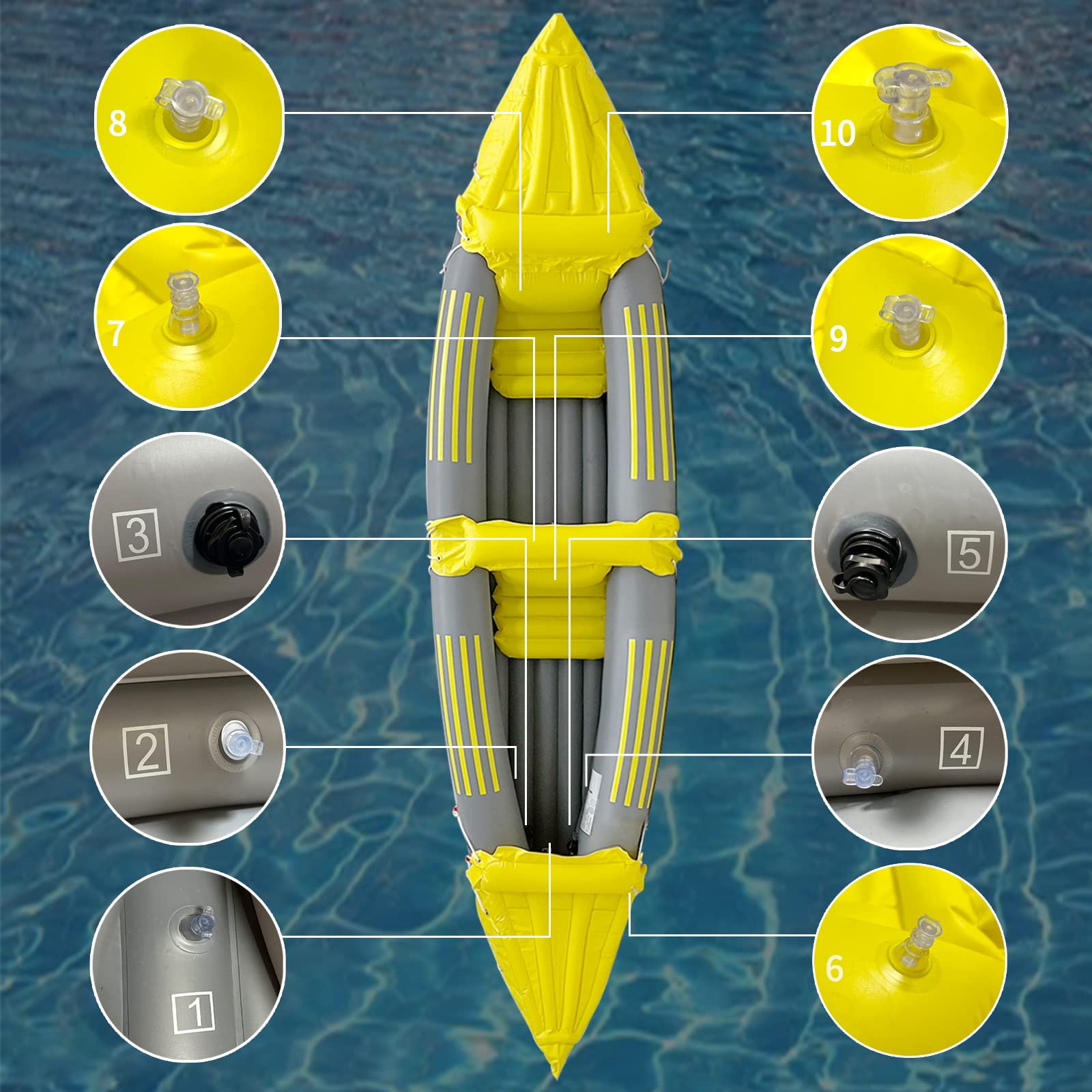 Canoa inflable del barco del kayak inflable de 2 personas,Kayak inflable de la pesca de la serie profesional amarilla con los remos de aluminio, bomba