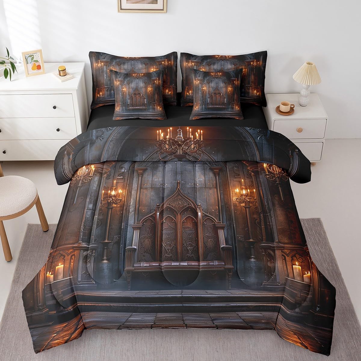 Erosebridal Medieval 7 Pcs Comforter Set Queen, Castle Bedding for Kids, Metal Mysterious European Sheet Set Bed in A Bag Ancient Building Geometric Wooden Duvet Insert