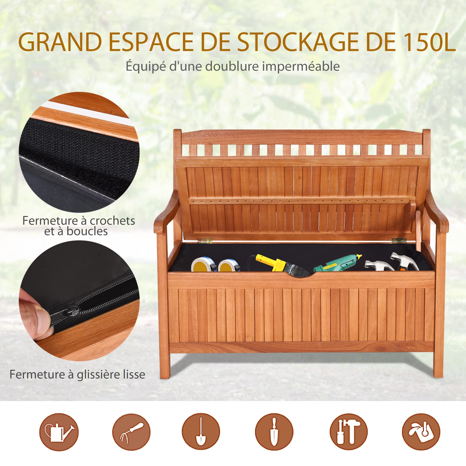 RELAX4LIFE Banc de Jardin en Bois d'Acacia Massif avec Rangement, Banc Bois Extérieur avec Dossier & Accoudoirs, Coffre de Jardin avec Sac Anti-Poussière, Capacité 360 KG, pour Extérieur/Intérieur