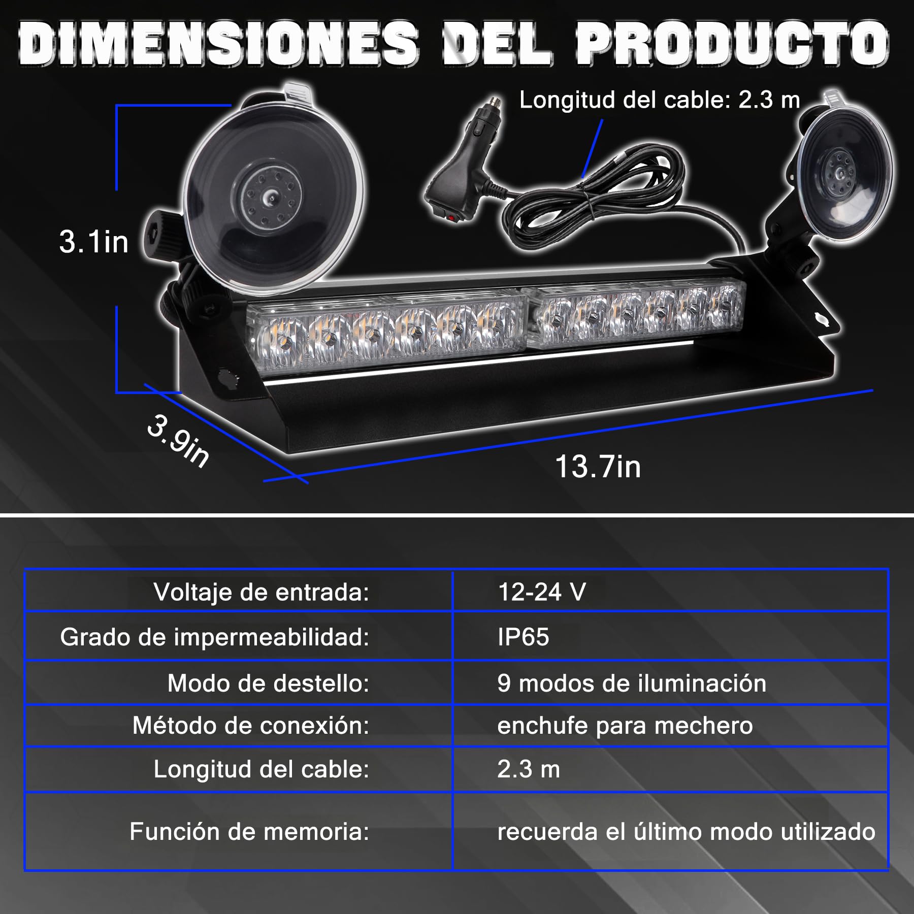 Barra LED Estroboscópica 15 Pulgadas Azul, 12 LED, 12-24V, 9 Modos, Base con Ventosa, Luz de Emergencia para Coche, Camión, Furgoneta y Vehículos de Asistencia