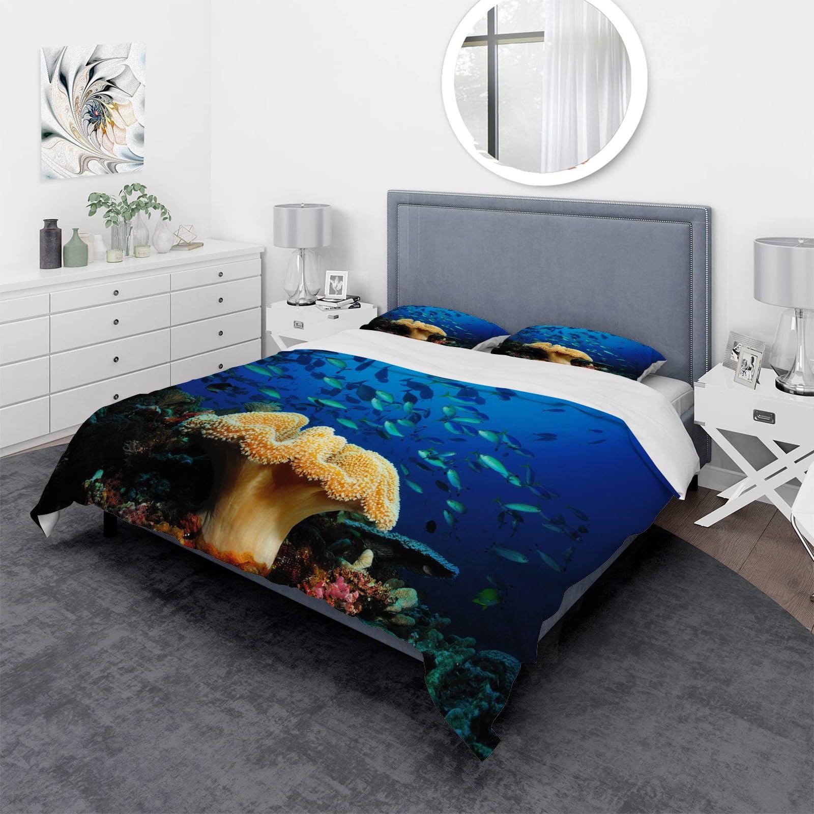 Żółty Koral Edredon Pokrowiec 220 x 240 cm, zestaw pościeli z zielonej ryby, 3-częściowy zestaw z miękkiej i oddychającej mikrofibry, 2 poszewki na poduszki 50 x 75 cm AK437
