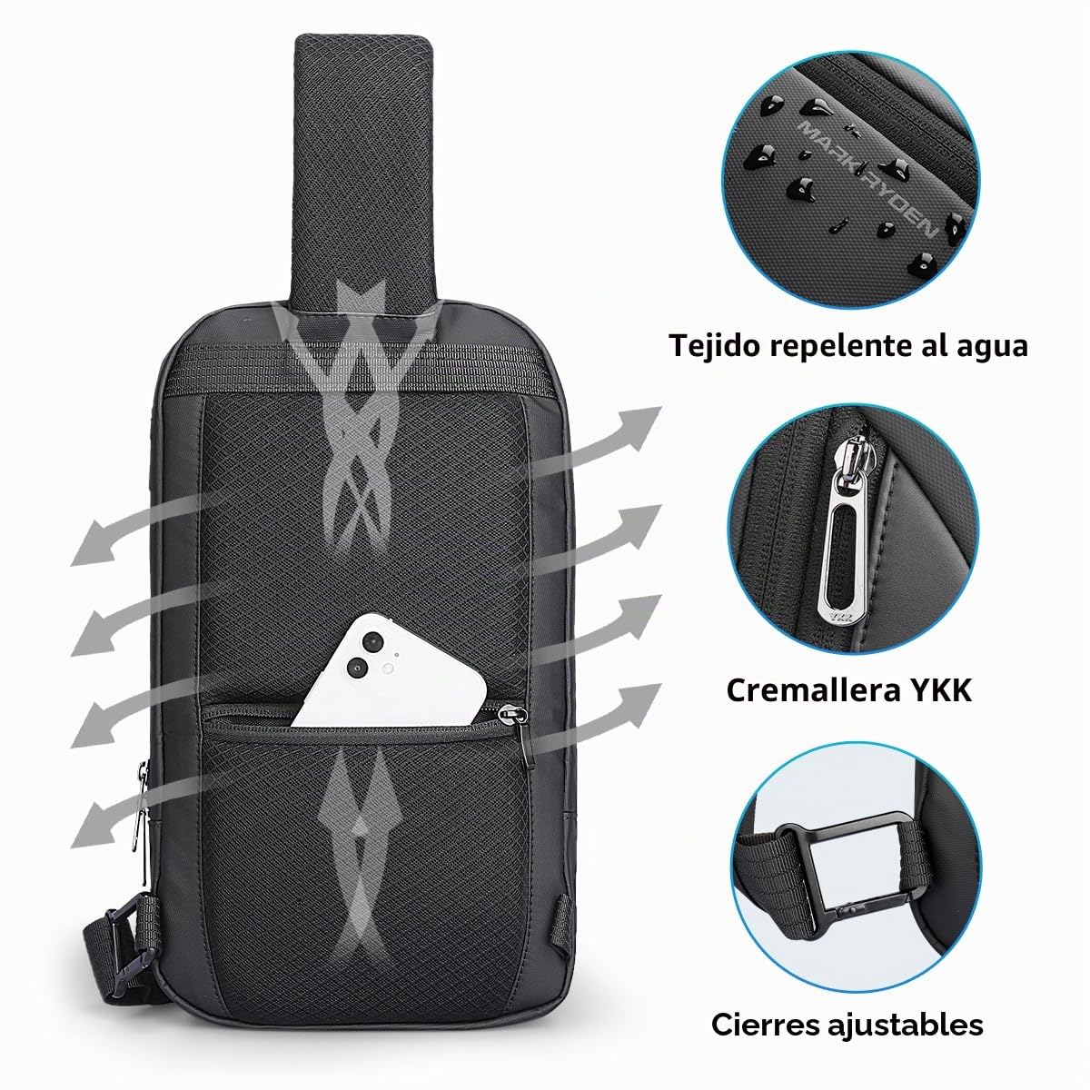 MARK RYDEN Bolso bandolera para hombre, grande, varios bolsillos, bolsillo en el pecho, para iPad de 11 pulgadas