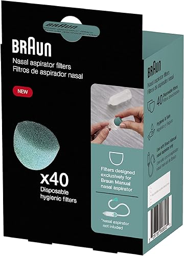 Braun Filtros nasales manuales, 40 unidades, filtros higiénicos desechables para aspirador nasal manual Braun para niños pequeños y bebés