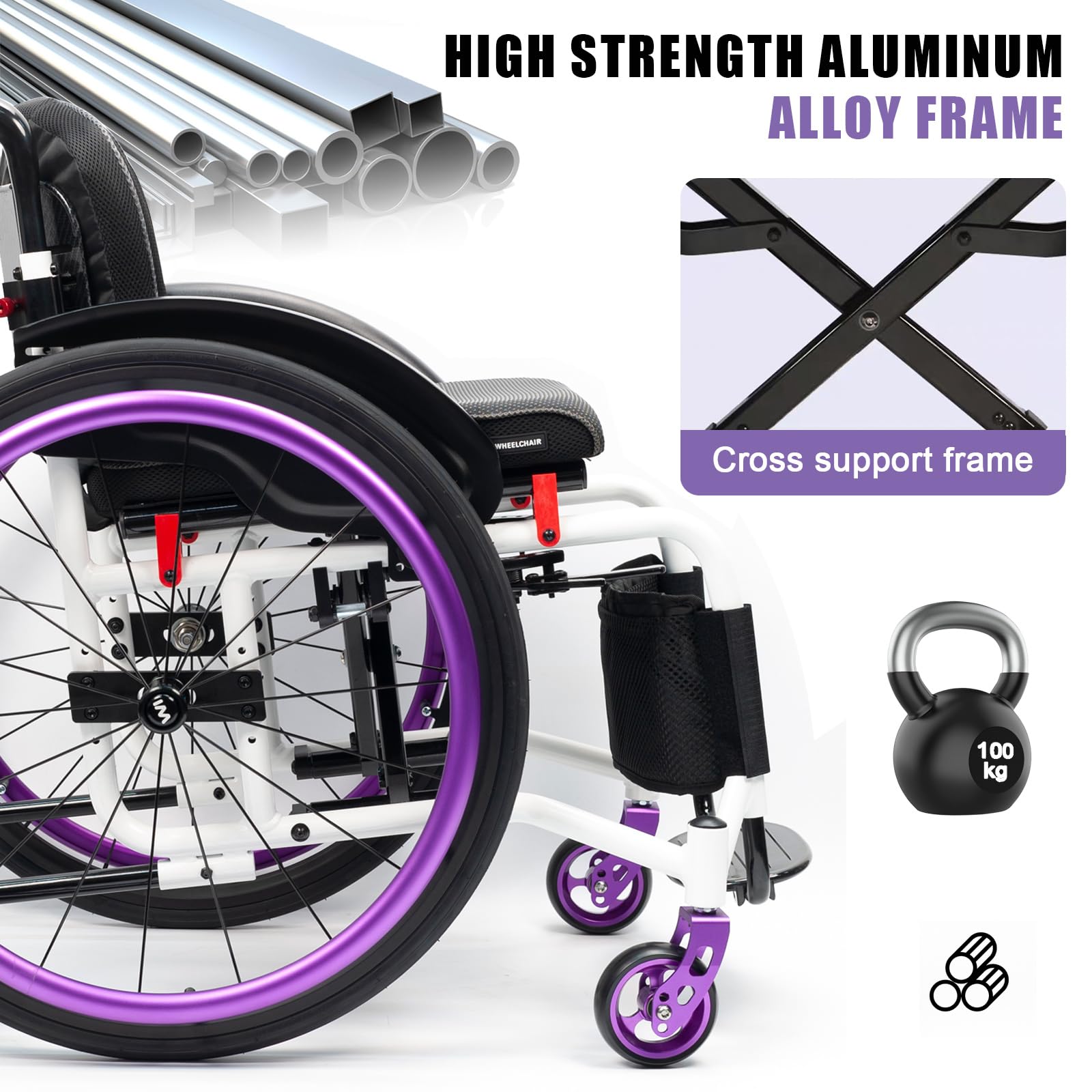 Sedia a rotelle Pieghevole,Alluminio, Doppio Sistema frenante,Sedia A Rotelle Manuale,Sedia a rotelle per Lo Sport,Sedia a rotelle da transito,Regolabile(Seat Width 40cm/15.7in,D)