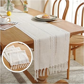 Boho Table Runner, Farmhouse Table Decoration, Boho Cream Tassel Table Runner, 183cm Long with Tassels, for Holiday Parties and Everyday Use