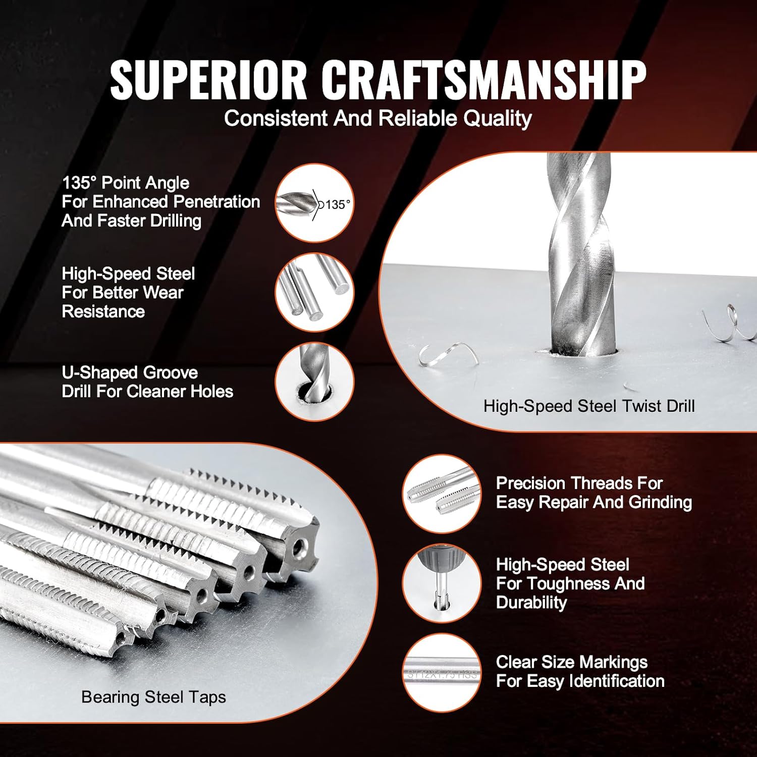Close-up of a high-speed steel twist drill and bearing steel taps, highlighting their features like 135 degree point angle and precision threads.