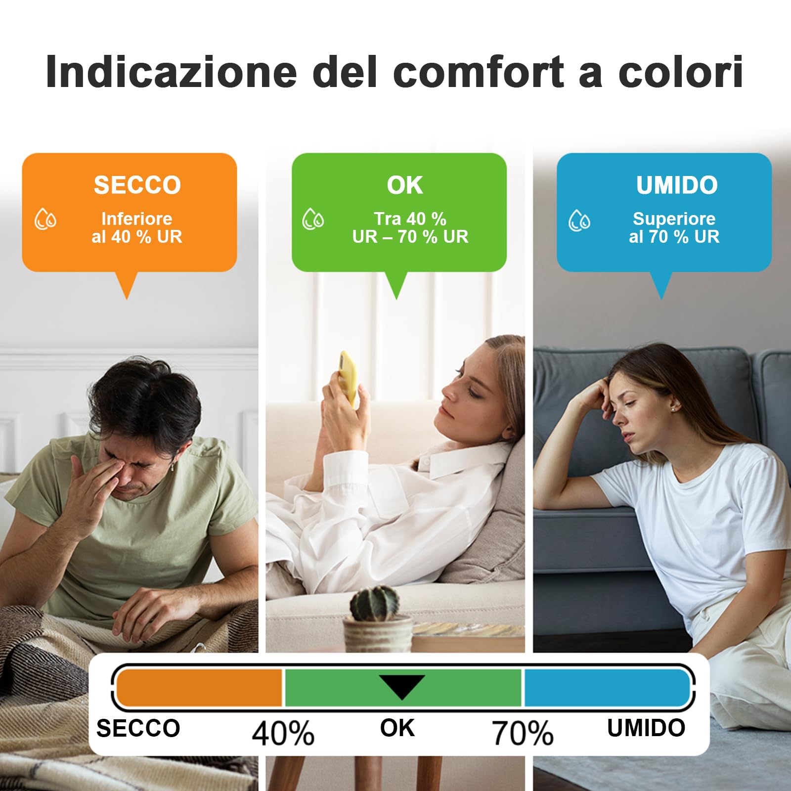 Termo-igrometro digitale per interni con grande schermo LCD, registrazione dei valori max./min., monitoraggio della temperatura e dell'umidità, commutazione °C/°F, indicatore di comfort