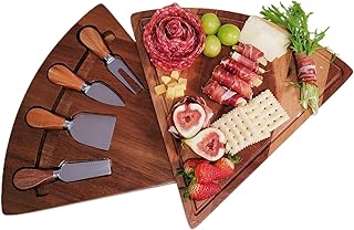 Personal Acacia Wood Charcuterie Board Set | Splinter-Free Cheese Platter for Solo Dining, Camping Gifts & Wine Nights (Fan Design, Hidden Knives)