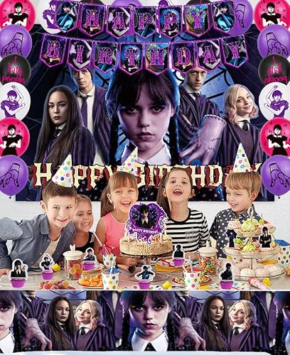 Wednesday Addams Birthday Party Decorations, Wednesday Addams Theme Party Supplies Included 1 Happy Birthday Banner, 1 Backdrop, 1 Tablecloth, 16 Latex Balloons, 1 Cake Topper, 24 Cupcake Topper #TOP5