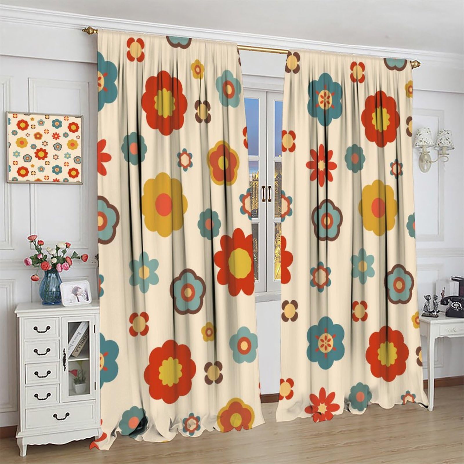 Amazon.co.jp: レトロ 70年代 フラワー カーテン、ミッドセンチュリー
