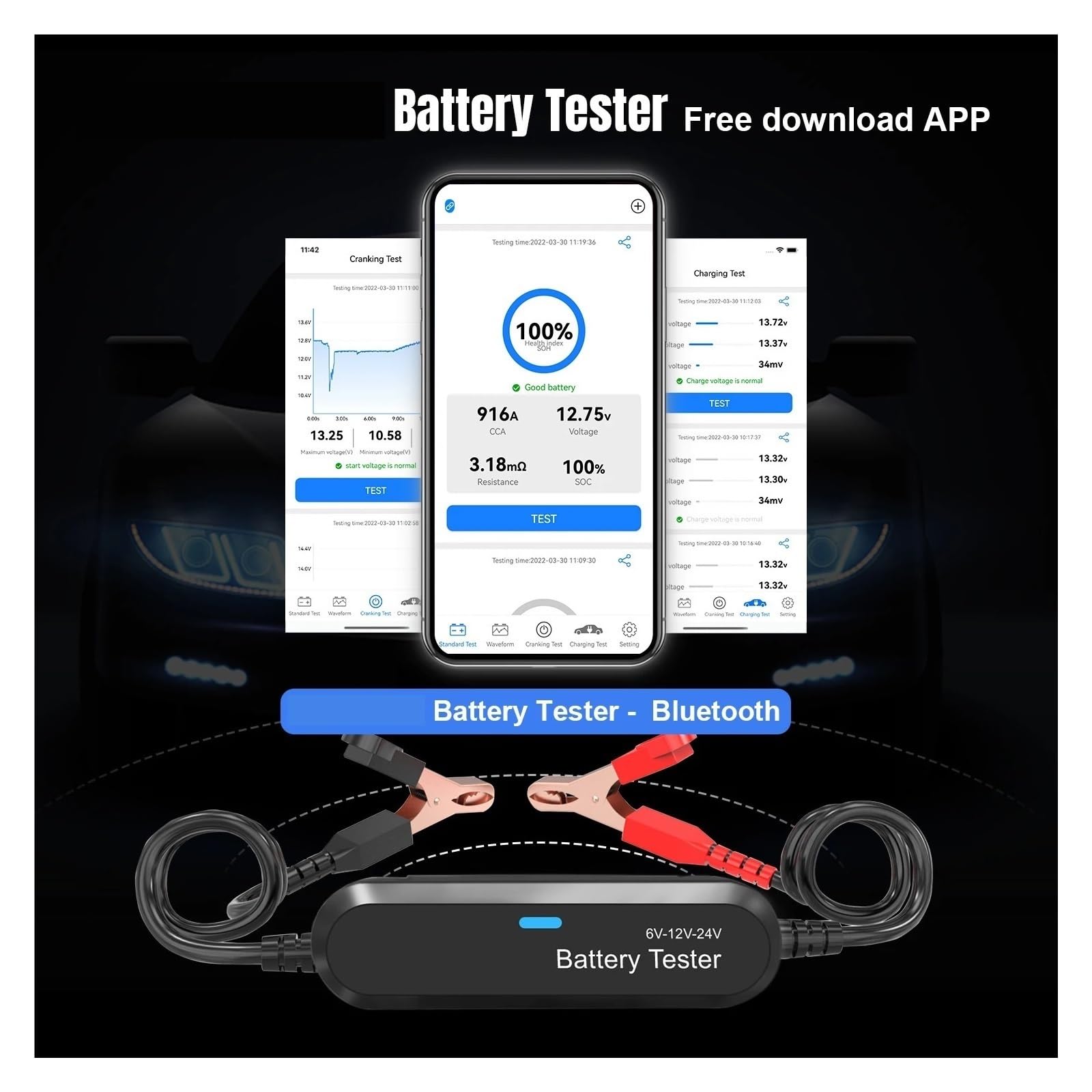 Comprobador De Baterias Analizador De Batería De Coche, Motocicleta, Camión, 6V, 12V, 24V, Bluetooth 5,0, Herramienta De Prueba De Arranque De Carga 2000CCA(Black)
