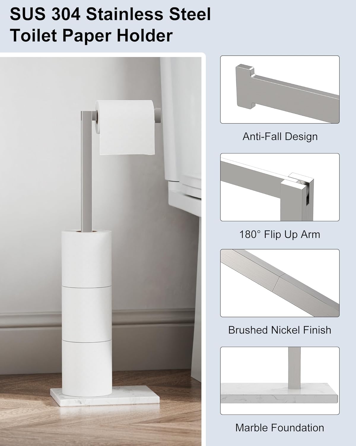 Freestanding Toilet Paper Holder Stand Brushed Nickel SUS 304 Stainless Steel Rustproof 22 Inch Rotating Bathroom Tissue Roll Holder for 4 Rolls with Marble Base by HOMEMYSTIQUE