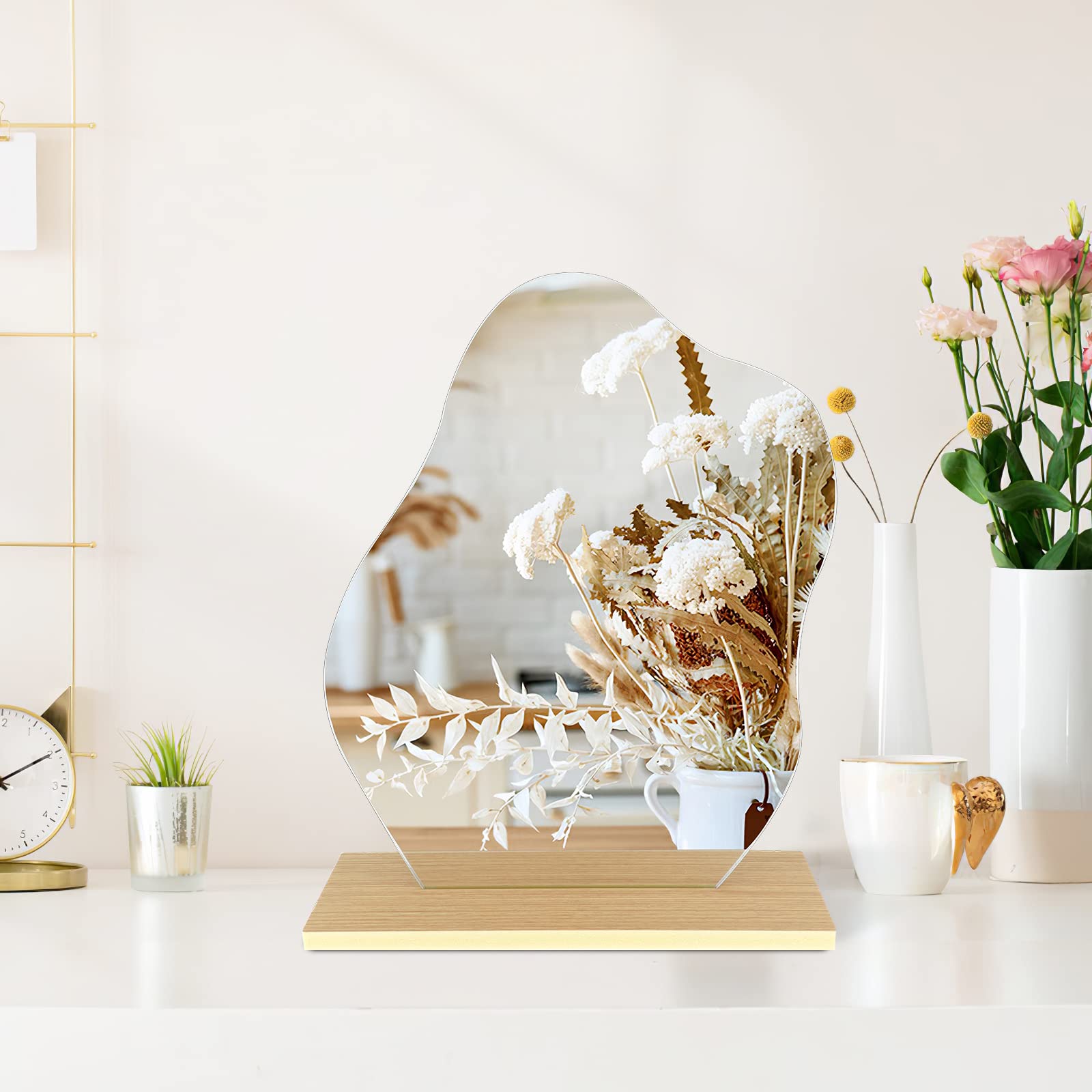 Prasacco Aesthetic Vanity Mirror with Stand, Irregular Wavy Cloud Mirror for Office Cubicle Room Decor