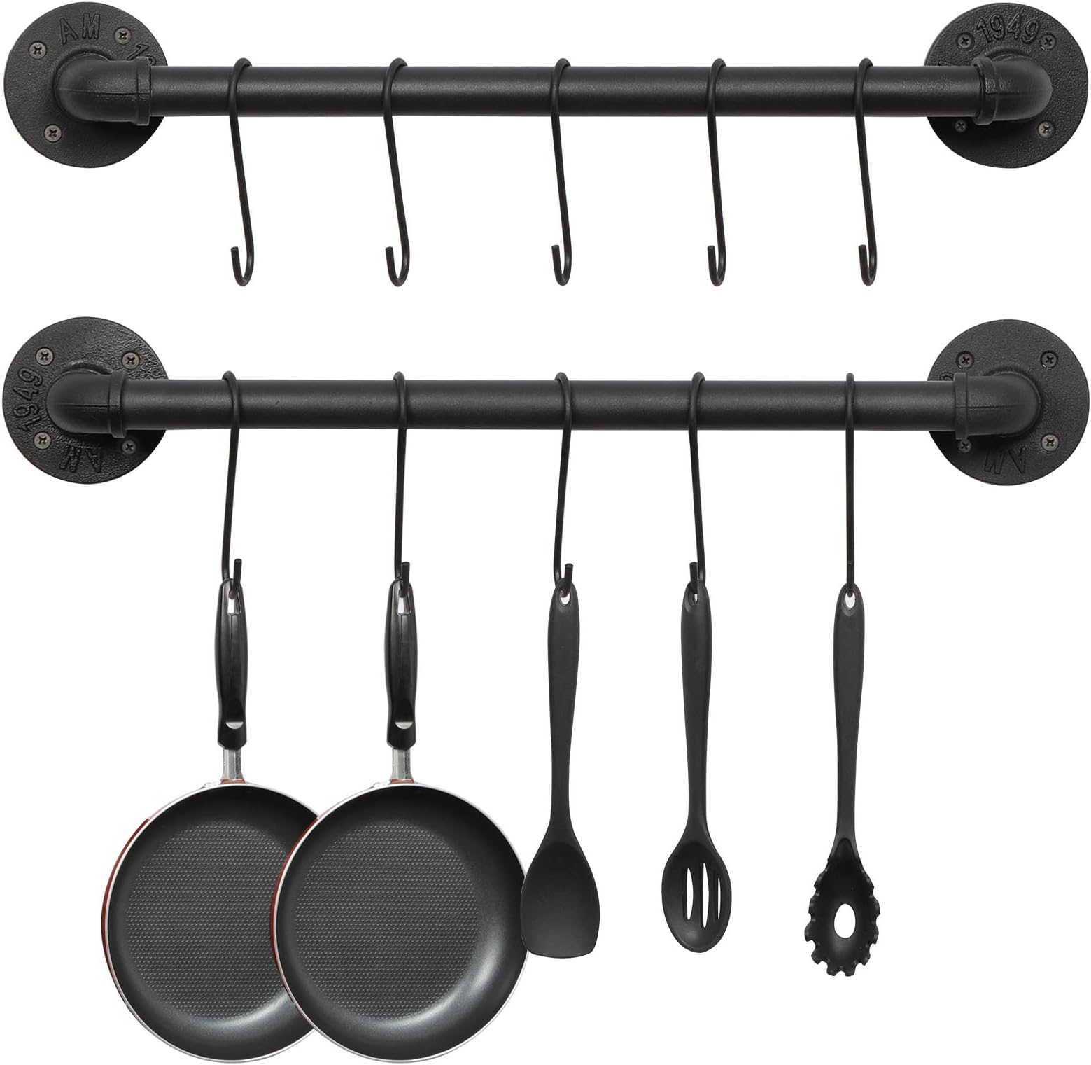 OROPY Wall Mounted Pot Pan Rack 21'' Set of 2, Industrial Utensils Wall Hanger Iron Pipe Kitchen Hanging Rail with 10 S Hooks