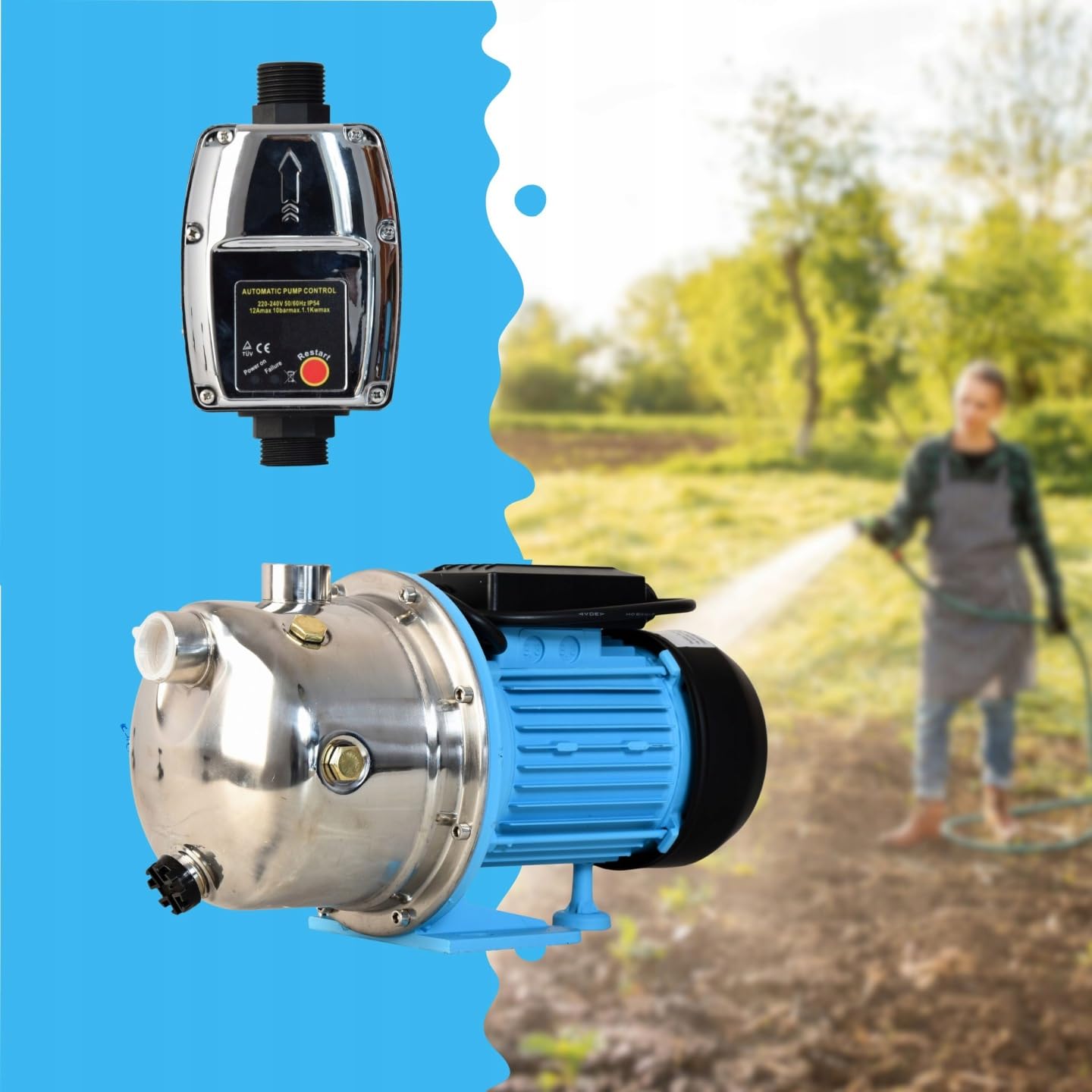 Pompe d'arrosage JX 1100 avec Pressostat Électronique CSK 5 - Pompe à Eau (1100 W, 3600 l/h hauteur max 50 m) Commande de Pompe – Mise en Marche et Arrêt Automatiques - Protection Fonctionnement à Sec