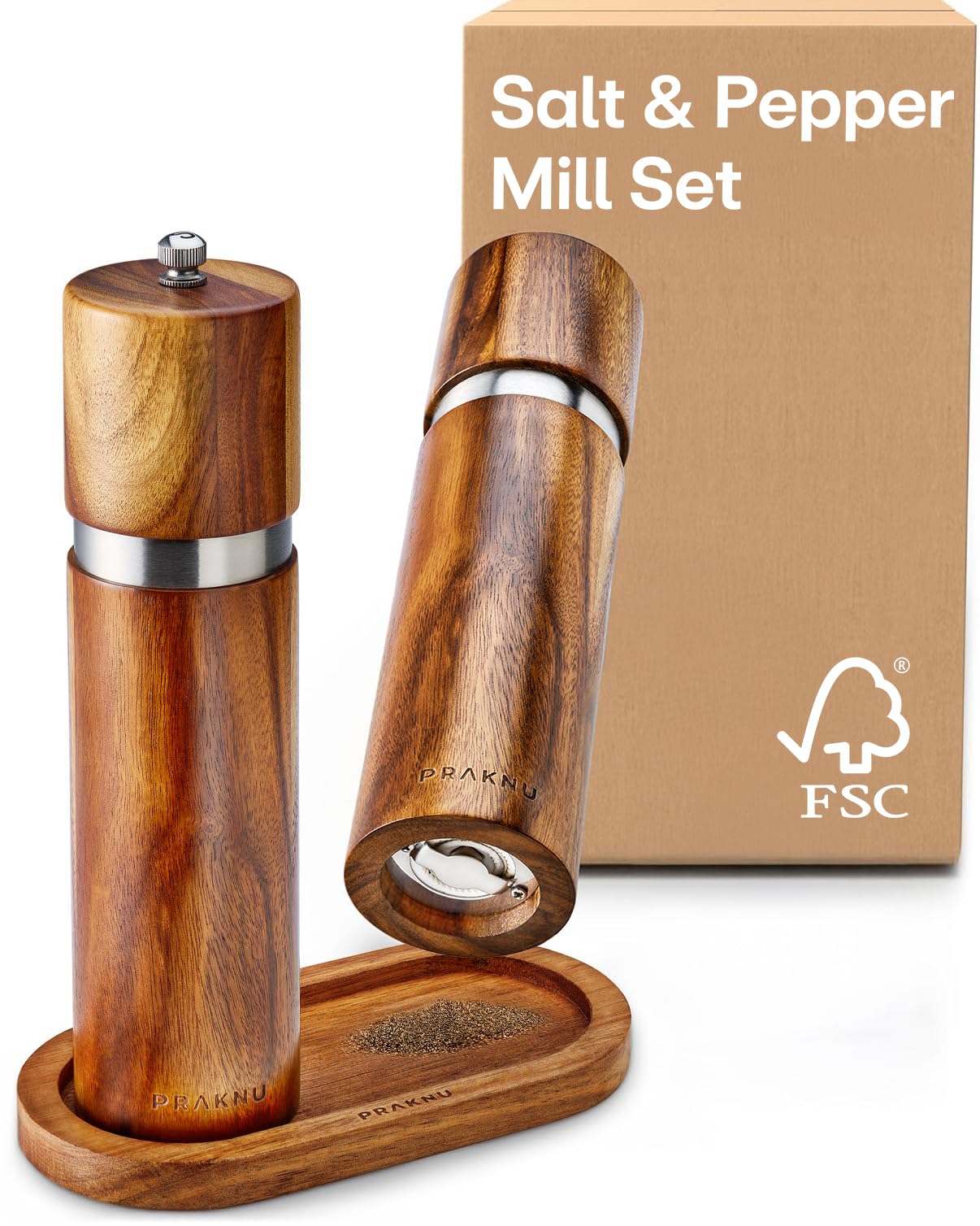 Salt and Pepper Mill Set with Tray - Made from FSC® Acacia Wood - Durable Ceramic Grinder - Plastic-Free