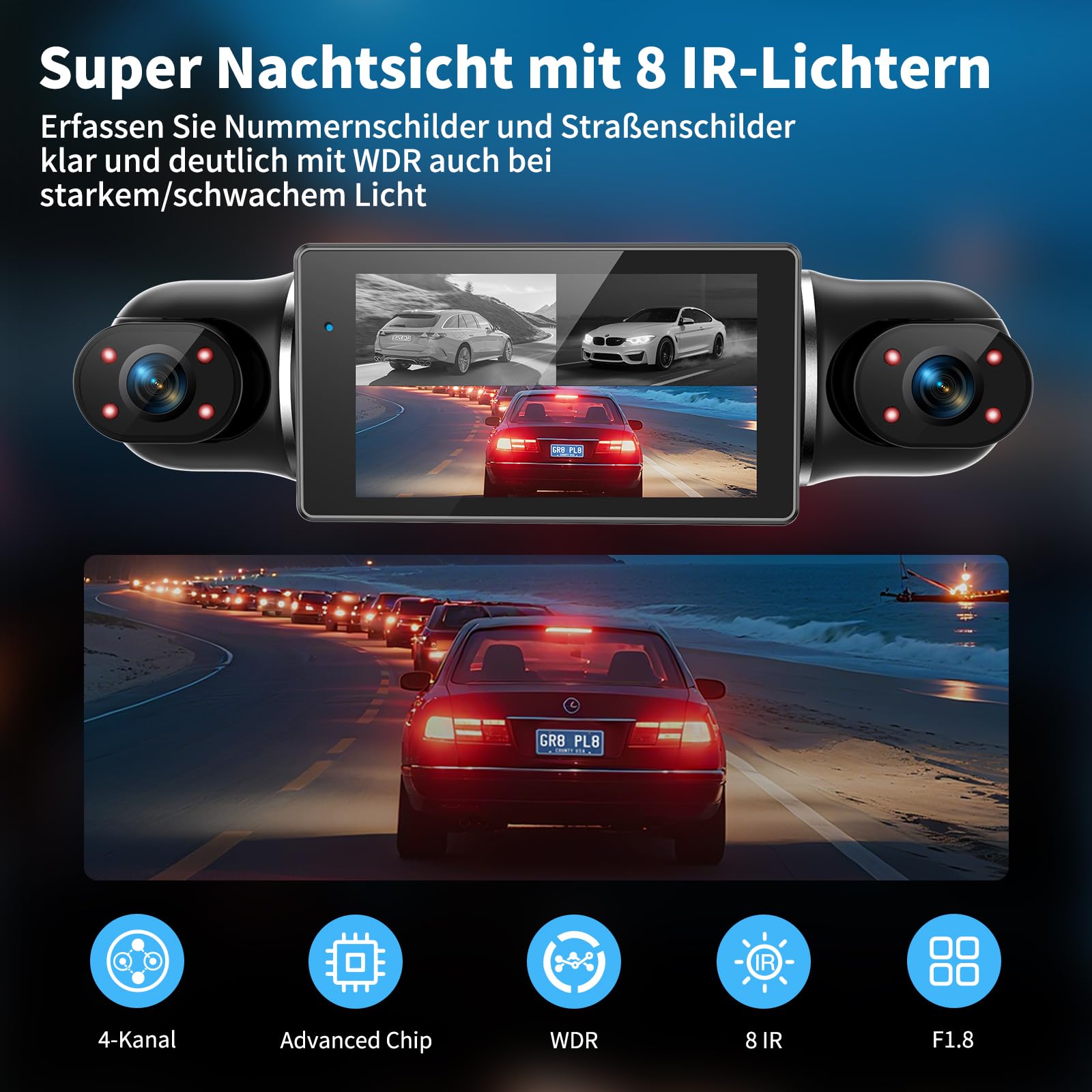 360°Dashcam Auto Vorne Hinten 4 Kanal Dash Cam Auto Kamera FHD 4K+1080Px3,kostenlose 64GB SD-Karte,WDR-Nachtsicht,G-Sensor,4×140° Weitwinkel,3" IPS Display,24/7 Parkmodus,Loop-Aufnahme,App