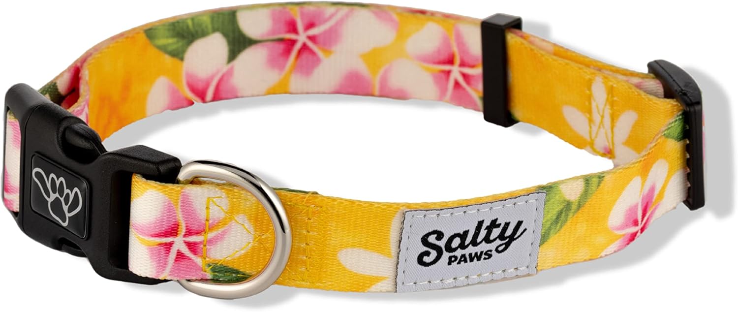 Salty Paws Tropical Hawaiian Dog Collar for Beach, Boat, Fishing Avail in Small Medium Large (Large Dog Collar Adj. 18"-26" for Dogs 50-90 lbs, Yellow Tropical Floral Collar)