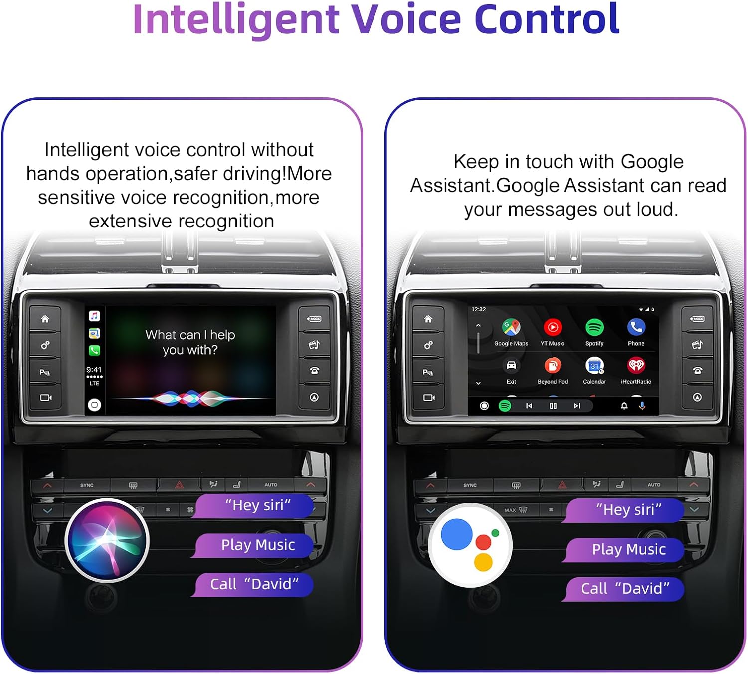 Image demonstrating intelligent voice control with Siri and Google Assistant on the car screen.