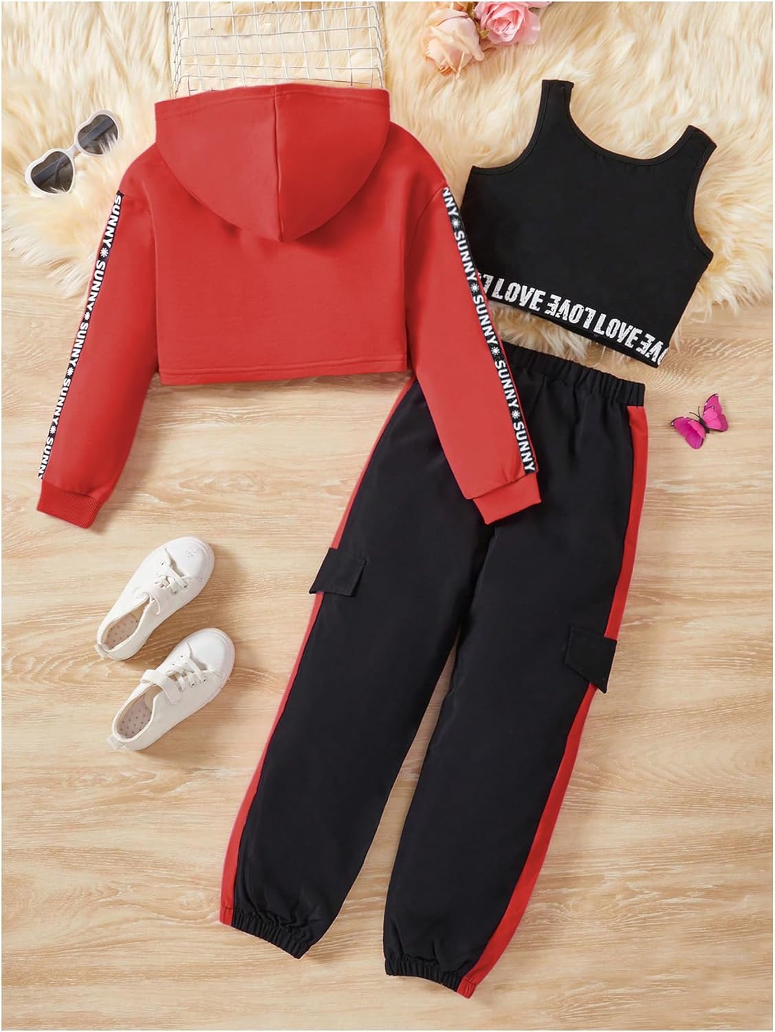 MakeMeChic Girl's Letter 3 Piece Cute Outfits Workout Hoodie Crop Tank and Sweatpants Set Hip Hop Dance Outfits