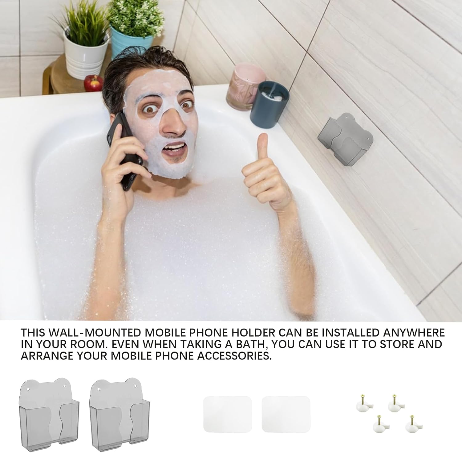 2pcs Wall Phone Holder with Charging Hole - Clear Plastic Self-Adhesive Smartphone Cradle for Bedside, Shower and Home Office Use (Transparent Gray)