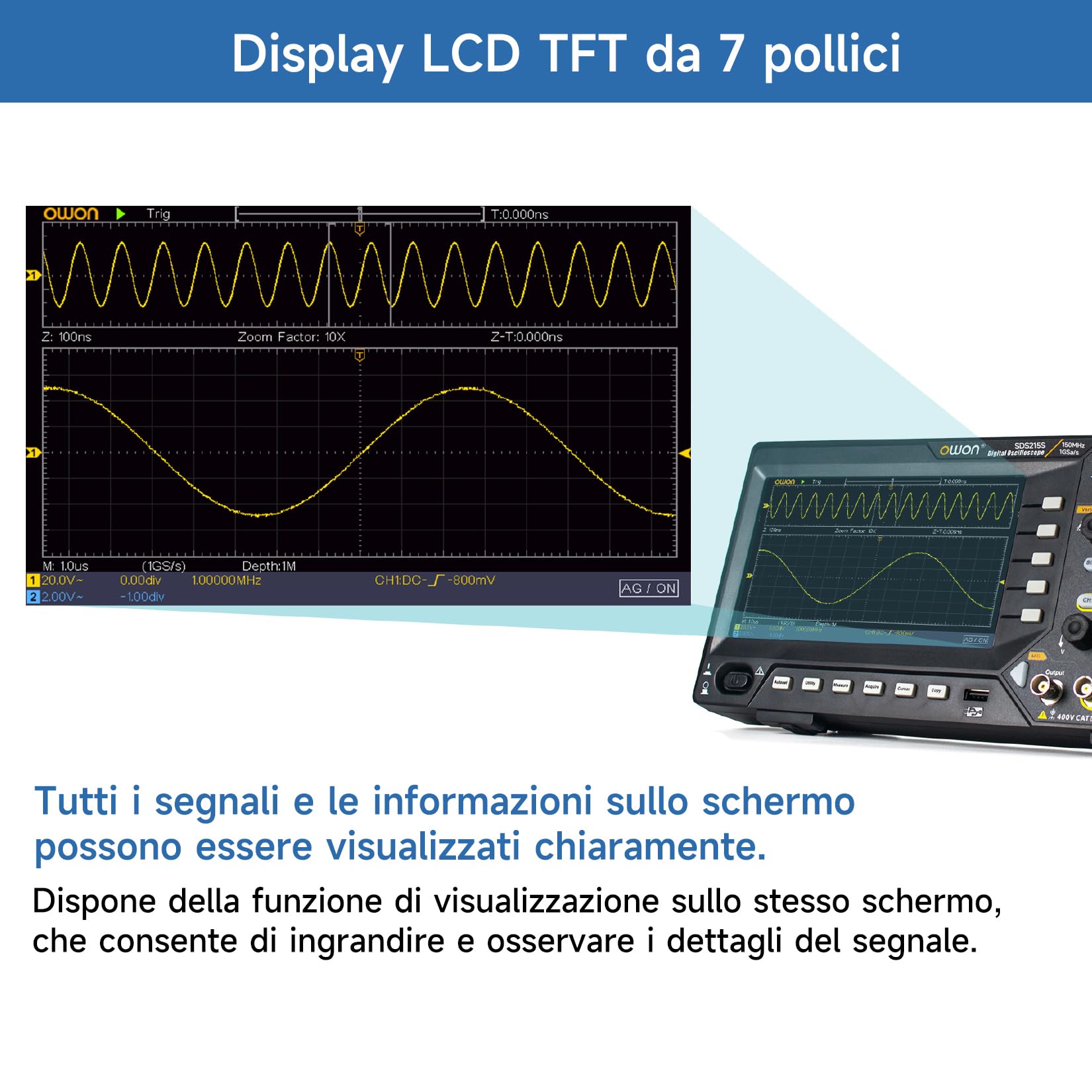 Oscilloscopio a doppio canale OWON con display LCD TFT da 7 pollici, oscilloscopio portatile con frequenza di campionamento di 1GS/s, larghezza di banda di 150 MHz SDS215S