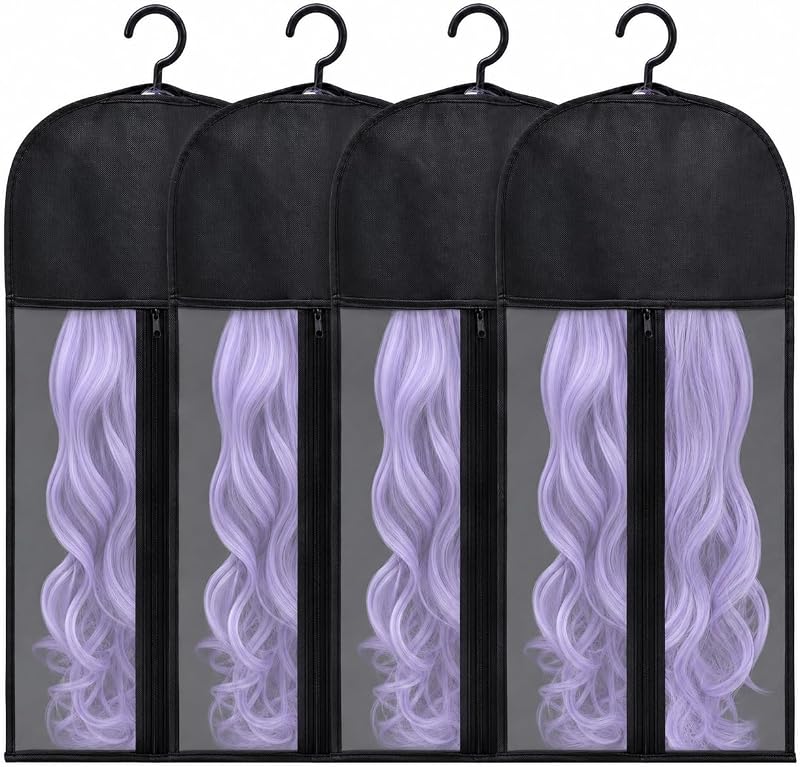 Hadwoer 4-Pack Hair Extension Holder - Wig Storage Bags with Hanger for Multiple Wigs, Dust-proof, Ideal for Hair Extensions & Accessories