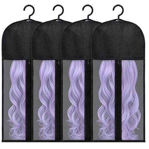 Hadwoer 4-Pack Hair Extension Holder - Wig Storage Bags with Hanger for Multiple Wigs, Dust-proof, Ideal for Hair Extensions & Accessories