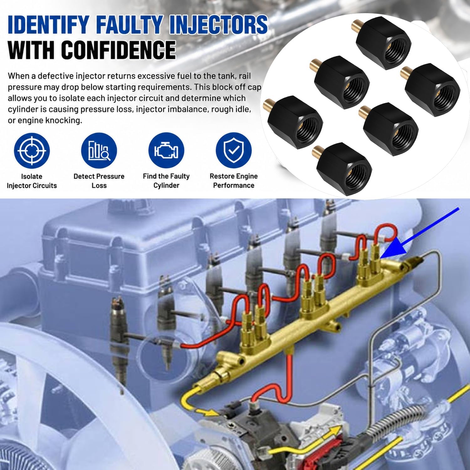 Bonbo EN-47589 9011 Diesel Rail Fuel Injector Block Off Cap Tool Set, Fuel Pressure Test Adapter Kit for 2003-2009 Dodge Ram Cummins 5.9L, and 2001-2005 GMC Chevy Duramax 6.6L LB7 LLY, 6-PCS Set