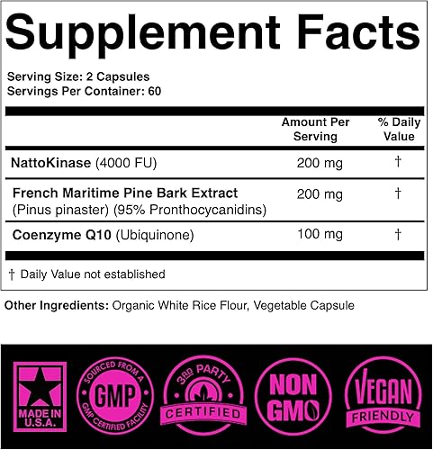 Miniatura 2 de Suplemento Nattokinase 4000 FU CoQ10 100mg Extracto de corteza de pino marítimo francés 200 mg con enzimas para apoyo circulatorio y cardiovascular