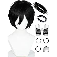 Half and Half Short Black EmoCostume Wig Set Mens Black Anime Cosplay Layered Spiky Wigs Synthetic Hair for Unisex Halloween Party
