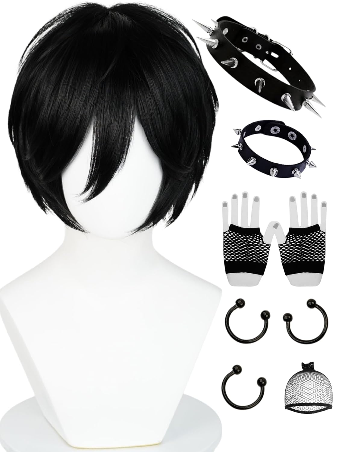 Half and Half Short Black EmoCostume Wig Set Men's Black Anime Cosplay Layered Spiky Wigs Synthetic Hair for Unisex Halloween Party