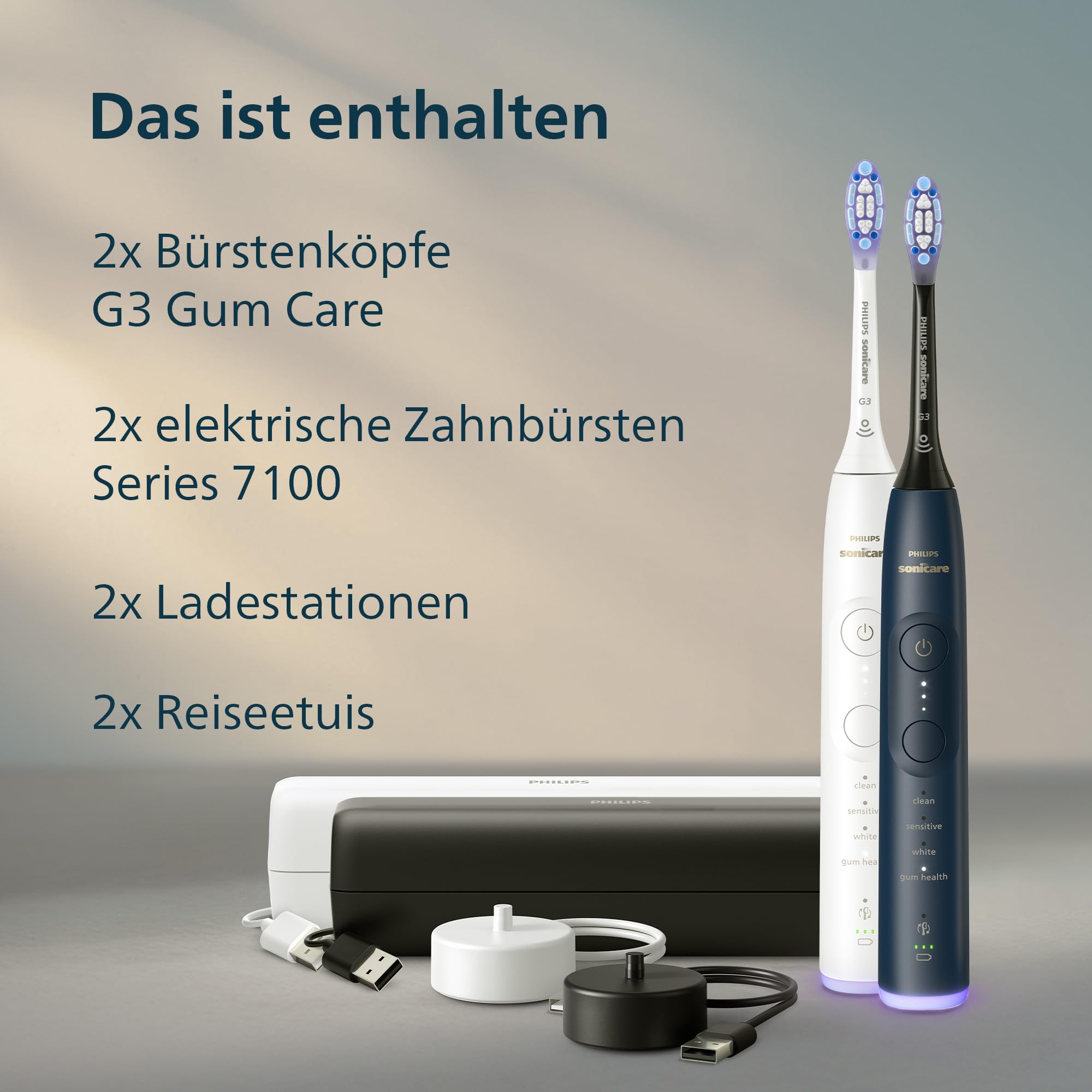 Philips Sonicare 7100 elektrische Zahnbürste, Schallzahnbürste mit App, 4 Putzmodi und 3 Intensitätsstufen, Andruckkontrolle, EasyStart, Weiß und Marineblau, 2er Pack, HX7429/01 [Neue Technologie]