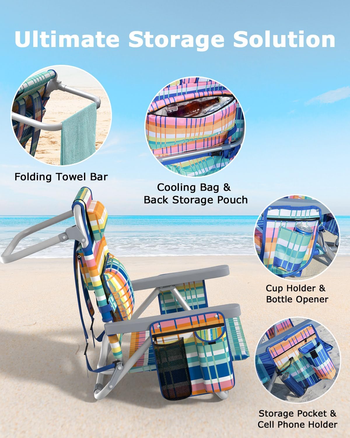 ZENPETIO Beach Chair, Camping Chair for Adults, Reclining Backpack Chair for Pool, Beach, Camping, Outdoors