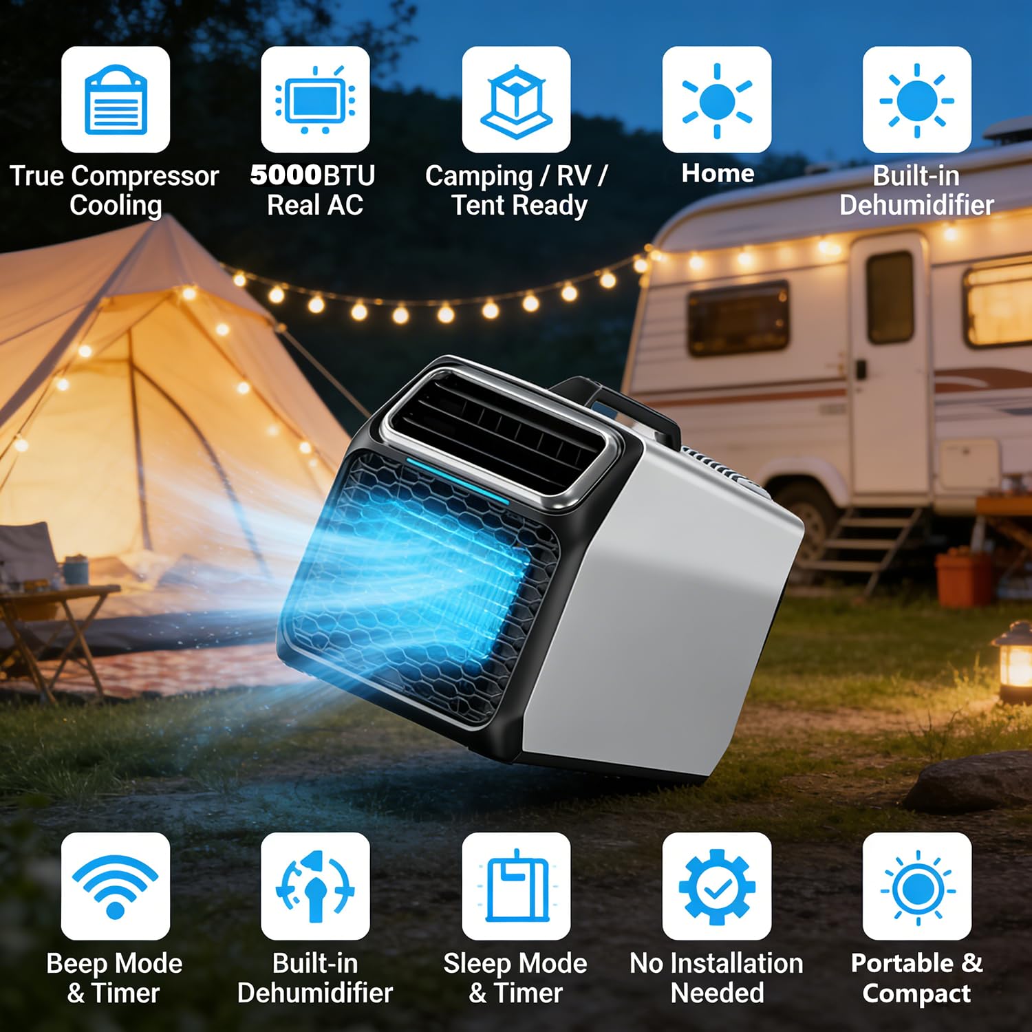 Climatizzatore portatile da campeggio 5000 BTU per tenda e camper, condizionatore DC con compressore GMCC, auto-evaporante, timer e modalità sleep per furgone, camion, piccoli ambienti Gray