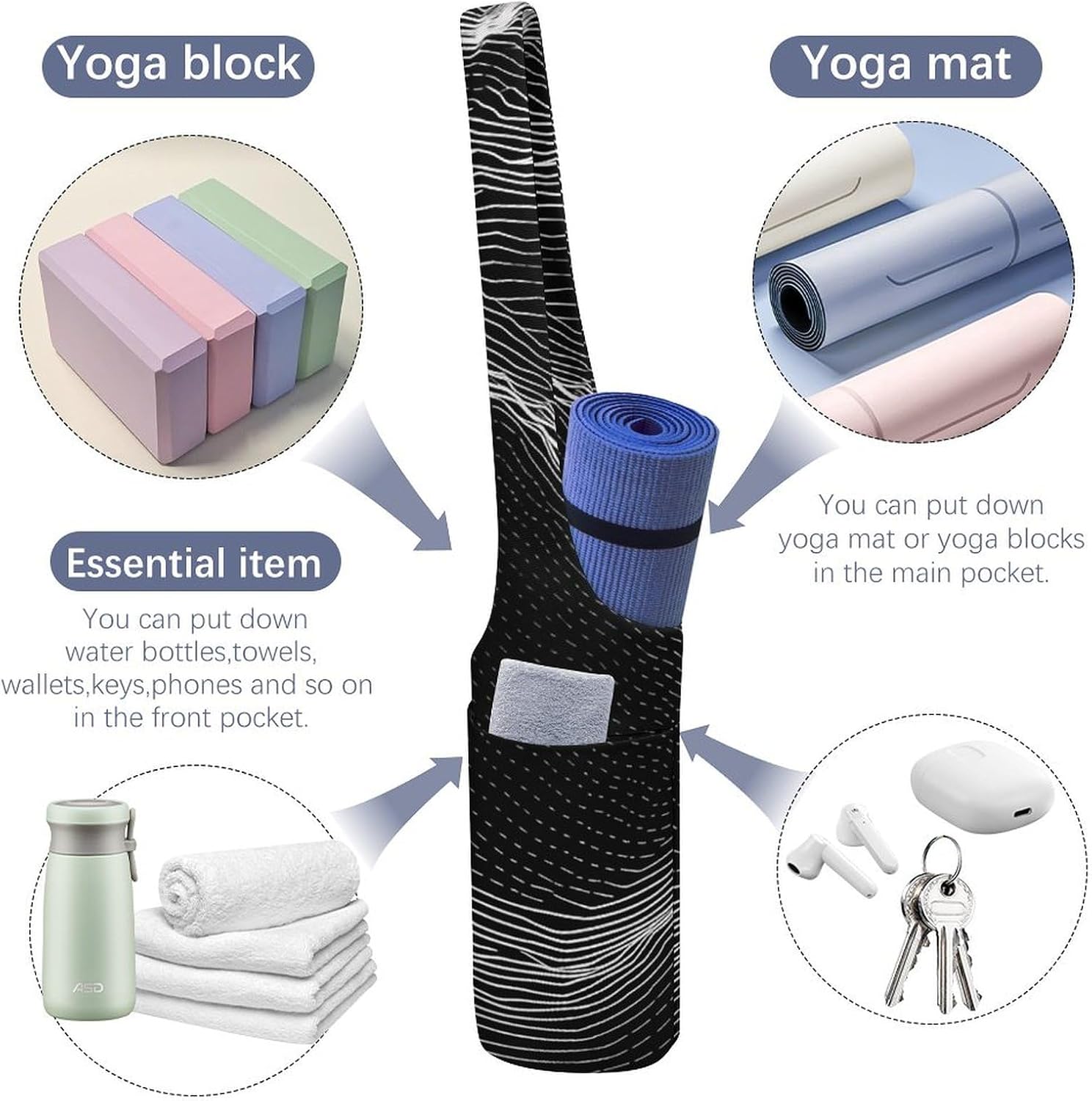 Canvas Yoga Bag,White Line Pattern Printed Yoga Mat Handbag,Portable Yoga Mat Bag Large Capacity Gym Bag for Men Women Pilates Beach Travel