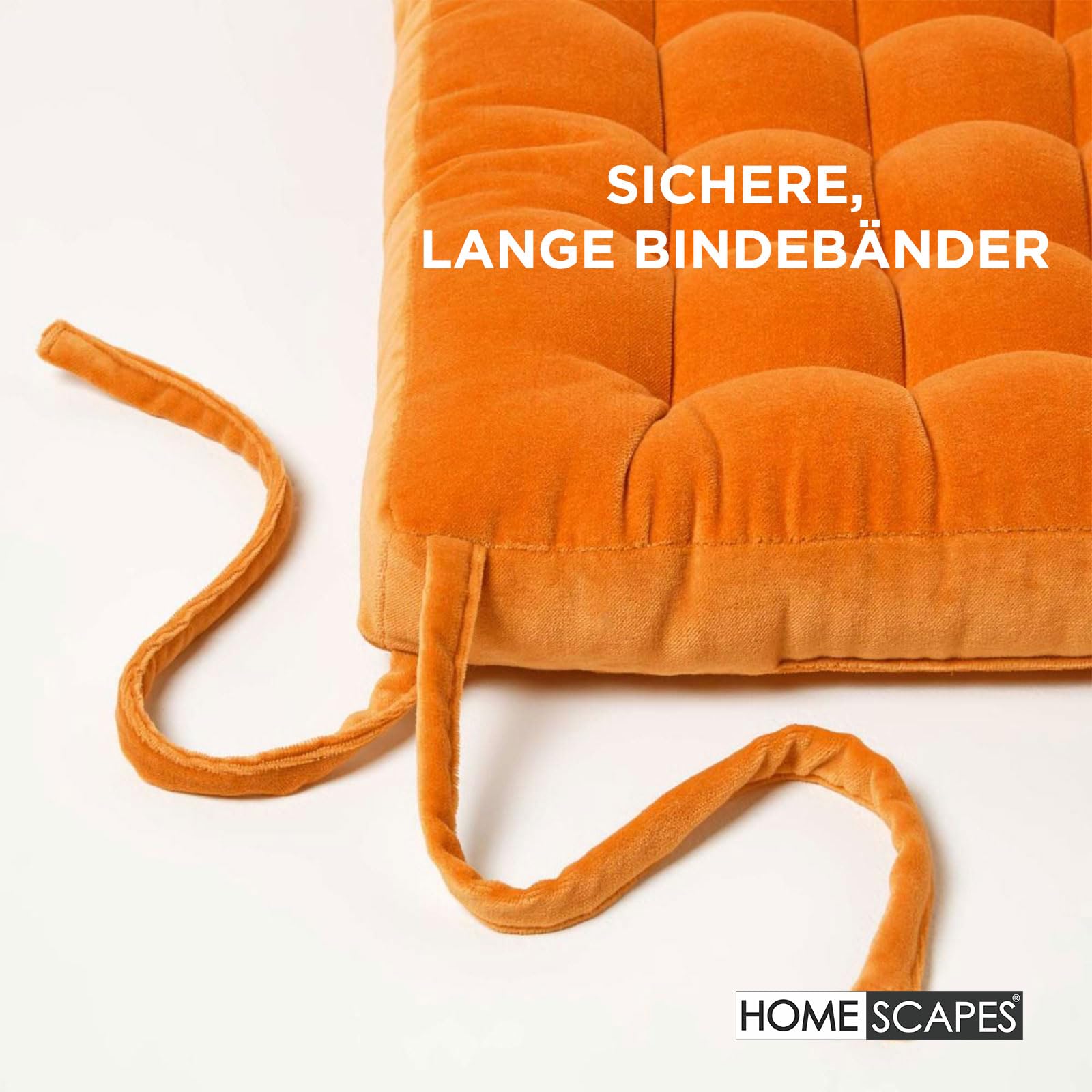 Homescapes 4er Set Sitzkissen Samt orange – Stuhlkissen 40x40 mit Bändern, Sitzauflagen Baumwollsamt, bequem, weich & Oeko-TEX-Zertifiziert