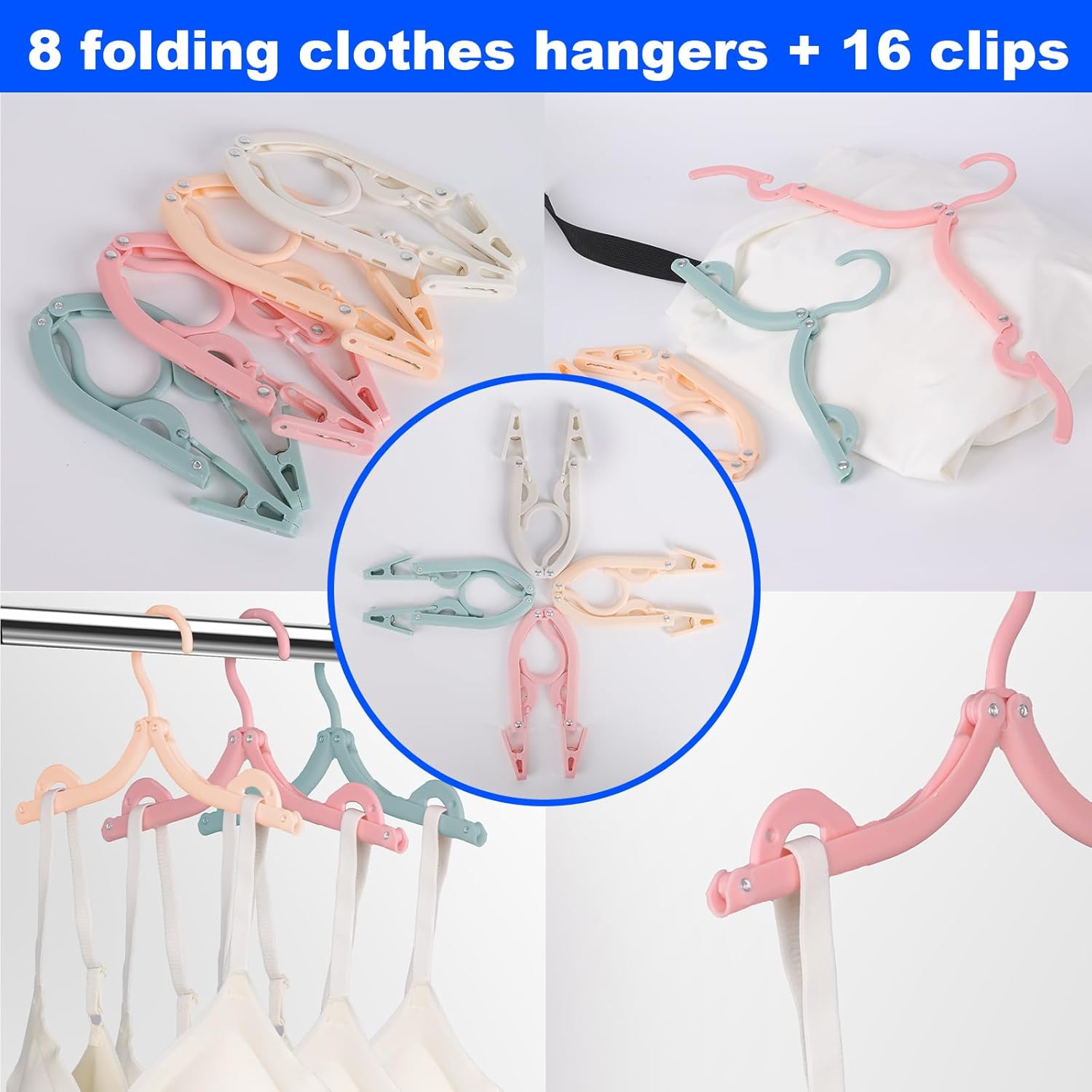 8 Pack Foldable Travel Hangers with 16 Clips & Folding Hanger - Space Saving Portable Collapsible Hooks for Cruise, RV, Hotel (Assorted Colors) - Image 5