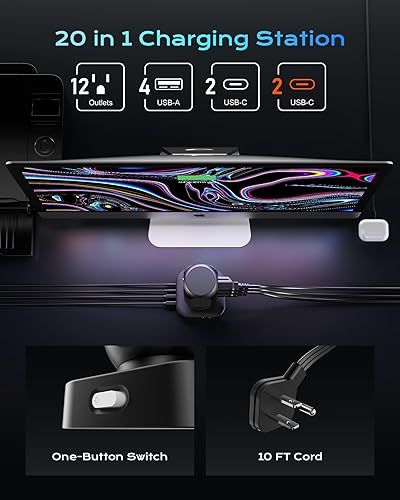 Miniatura 2 de Torre de regleta de alimentación dual PD de 20 W, regleta de alimentación con 12 salidas de CA y 8 puertos USB (4 USB C), estación de carga rápida