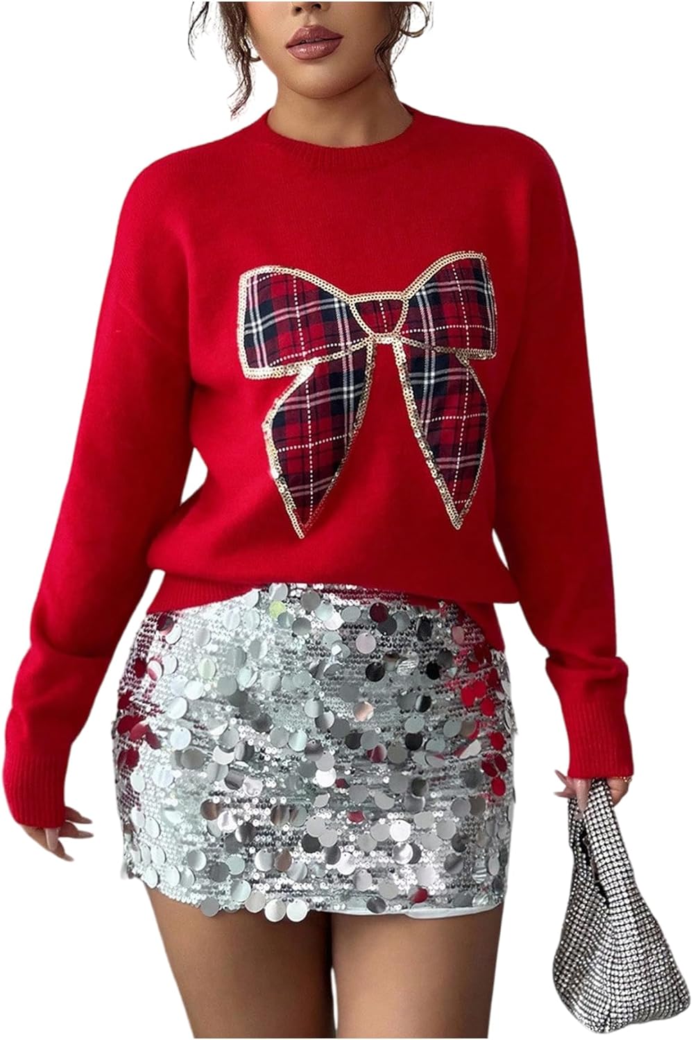 GORGLITTER Women's Valentine Sweater Bow Sequin Plaid Cute Long Sleeve Crew Neck Knit Trendy Pullover Jumper Tops
