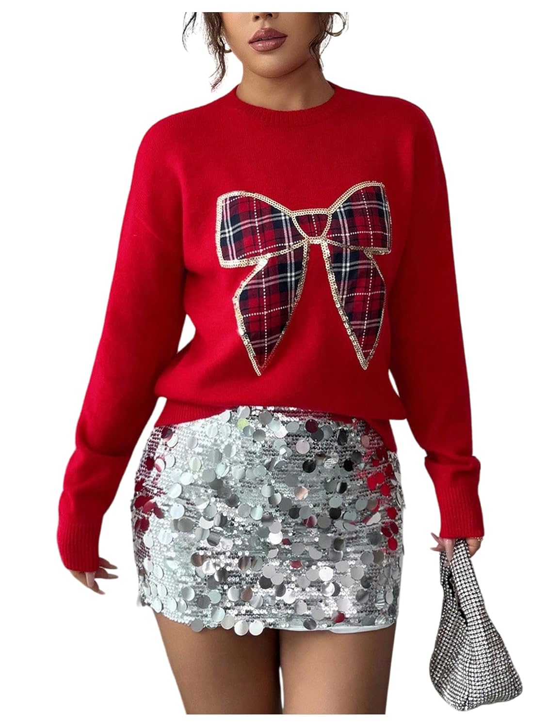 GORGLITTER Womens Christmas Bow Sweater Sequin Plaid Long Sleeve Crew Neck Knit Pullover Jumper Tops